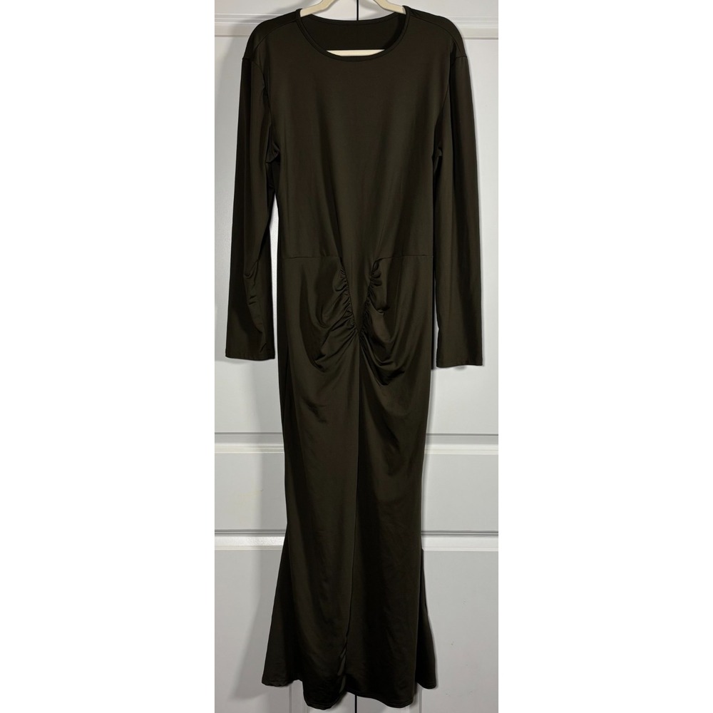 Womens Long-Sleeve Maxi Dress Chocolate Brown Round Neck Ruched Detailing 2XL